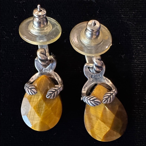 Sterling Silver and Tiger Eye Dangle Pierced Earrings Marked 925 - Picture 2 of 3